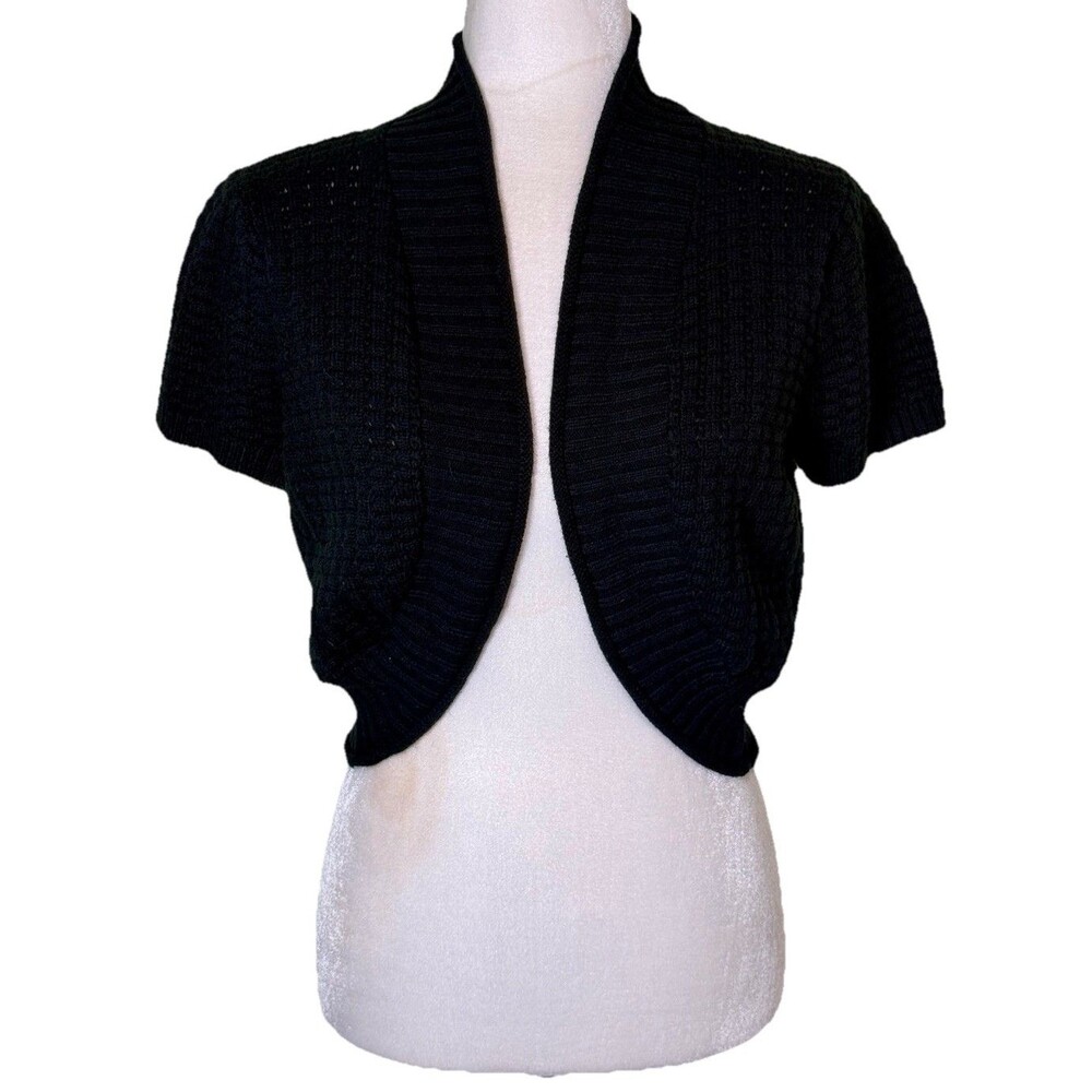 Women Black Knit Shrug Cardigan Cropped Open Front Short Sleeve Office Classic L